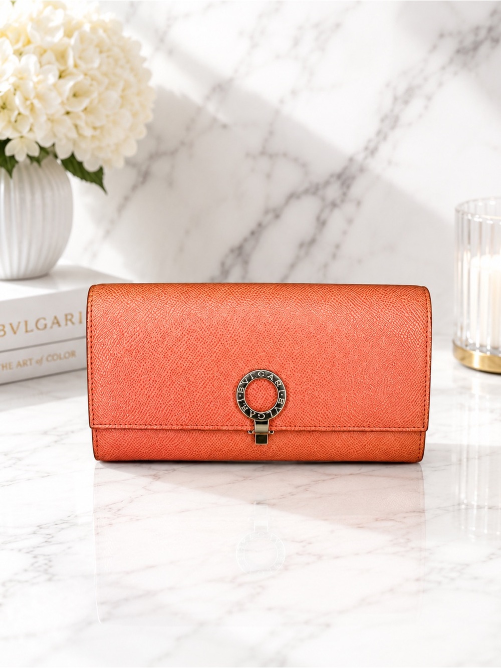 Bvlgari Coral Peach Leather Continental Wallet Signature Ring Clasp Full Set